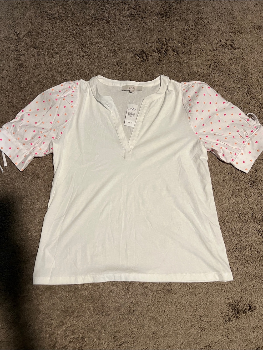 LOFT White V-Neck Tee with Pink Polka Dot Puff Sleeves